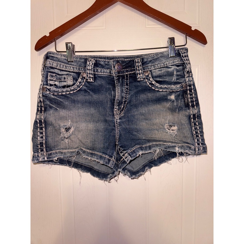 Silver Jeans Co Aiko Mid Short W29/L3 Blue Distressed Thick Stitch Denim Shorts